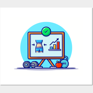 Diet Statistic and Dumbbell, Apple Cartoon Vector Icon Illustration Posters and Art